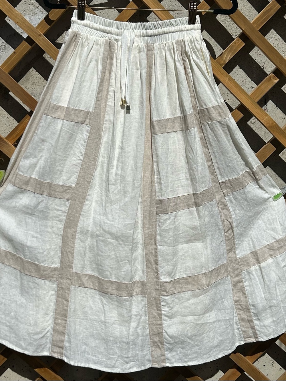 Cream Linen Sancia Midi Skirt with Oatmeal Grid Trim